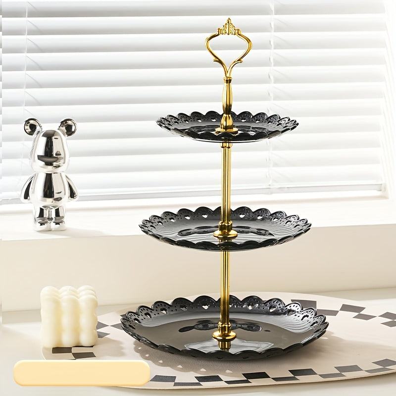 1pc Elegante Soporte de 3 Niveles de Plástico para Dulces, Multiusos, bandeja de servicio segura para contactos con alimentos para postres, frutas y pastelería, perfecta para bodas, cumpleaños y celebraciones de vacaciones