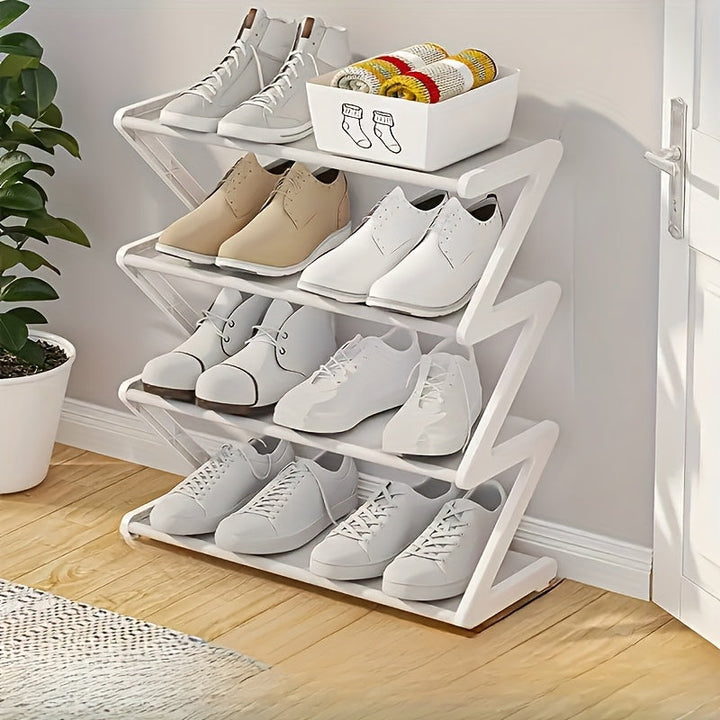 Estante de zapatos en forma de Z - Armario de zapatos plegable de plástico que ahorra espacio, fácil de ensamblar, estante de almacenamiento multifuncional de pie, adecuado para el hogar, el dormitorio, la entrada, diseño de 4 niveles, estructura sólida,