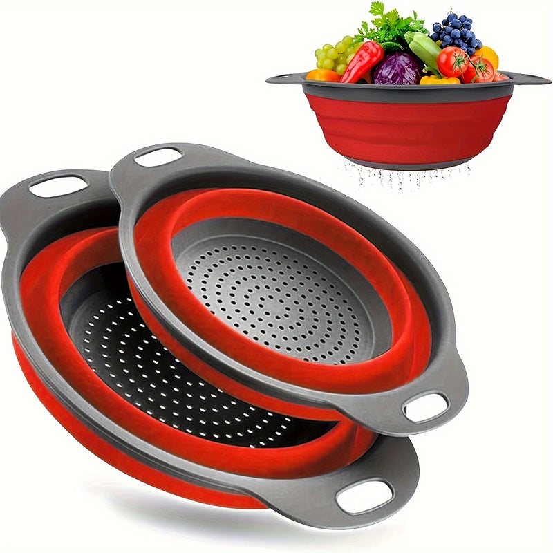 1/2 Juego de cestas de drenaje de cocina de silicona redondas plegables - 1 grande, 1 pequeña, muy adecuado para escurrir pasta, verduras y frutas