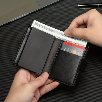 Cartera de Cuero PU Negra para Hombre CarrKen - Estilo Elegante de Negocios con Cierre Seguro a Presión, Gran Capacidad y Múltiples Ranuras para Tarjetas - Regalo Ideal para el Profesional Moderno