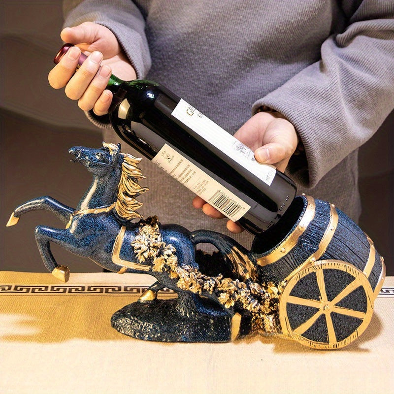 Soporte para Vino de Caballo Dorado Vintage - Cesta Decorativa Retro con Resina y Piedras Preciosas, Estilo Europeo de Lujo Ligero para 2 Botellas en Salón o Mueble TV, Accesorio para Bar Hogareño, Soporte Duradero, Regalo Ideal