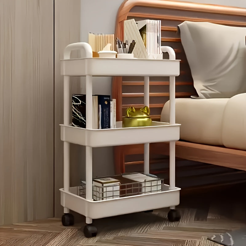 Carrito de almacenamiento plástico blanco de 3 niveles con ruedas – Organizador resistente multicapa para cocina, baño y dormitorio – Ideal para libros, toallas y artículos esenciales – Carrito móvil fácil de mover