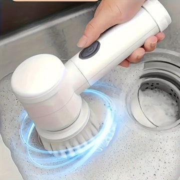 Cepillo giratorio 5 en 1 con 5 cabezas intercambiables - Cepillo de mano inalámbrico, limpiador de ducha y cocina recargable para baño, bañera, azulejos y ducha - Portátil, carga USB, batería de 500 mAh, cepillo de limpieza | Limpiador de cocina moderno
