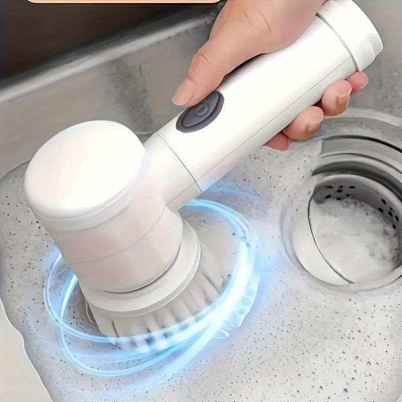 Cepillo giratorio 5 en 1 con 5 cabezas intercambiables - Cepillo de mano inalámbrico, limpiador de ducha y cocina recargable para baño, bañera, azulejos y ducha - Portátil, carga USB, batería de 500 mAh, cepillo de limpieza | Limpiador de cocina moderno