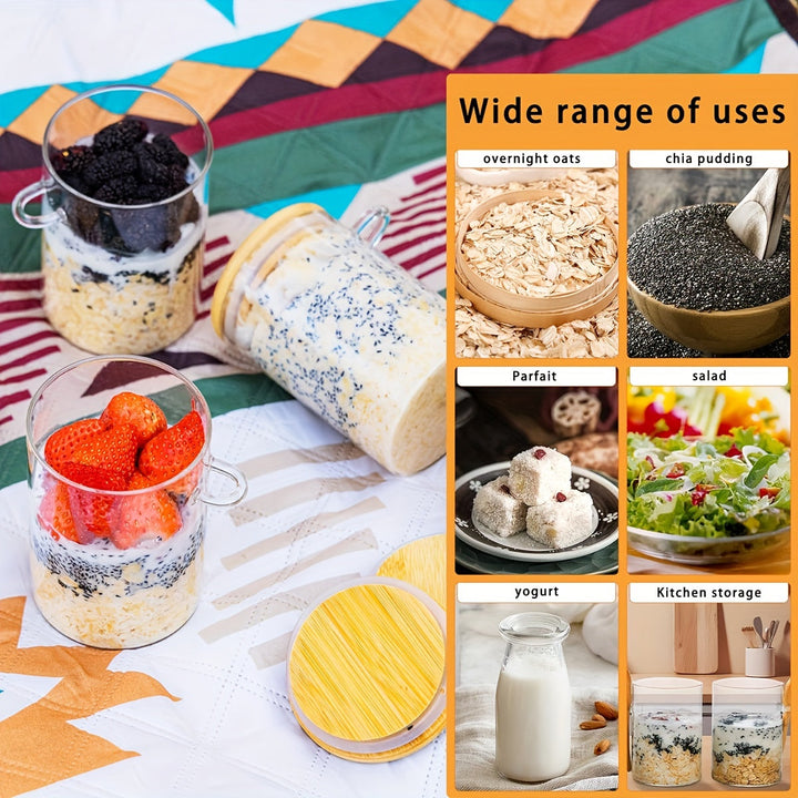 4 frascos de vidrio de 16 oz, tazón para avena, ensaladera, recipiente para preparar comidas con tapa y cuchara, ideal para semillas de chía, yogur, pudín, ensaladas, cereal y perlas