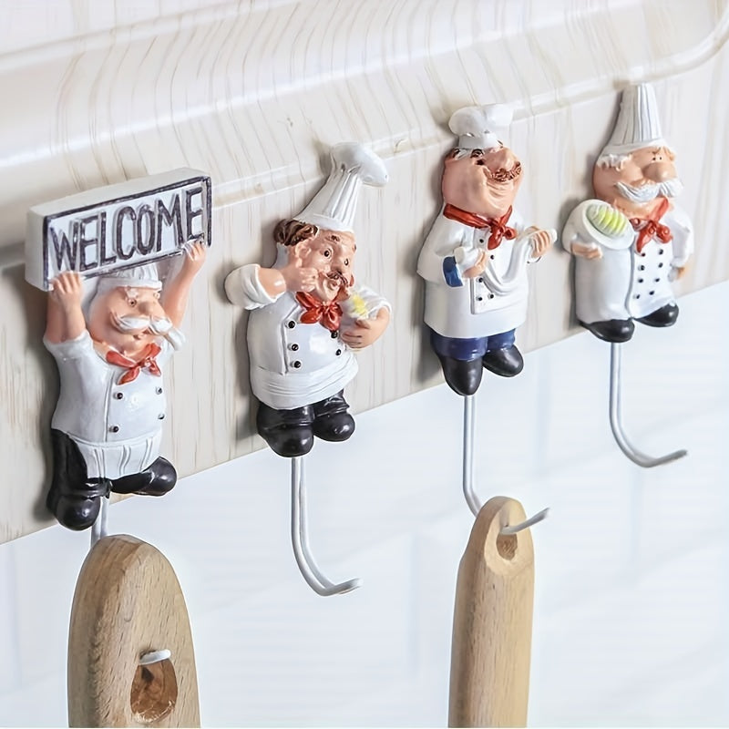 Juego de 4 Ganchos de Resina con Temática de Chef Creativo - Adhesivo Sin Daños, Decoración de Pared y Puerta Sin Clavos para Cocina y Baño