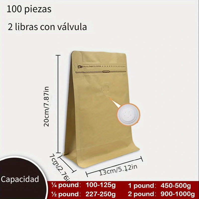 100 piezas Bolsa de Café Kraft con Válvula Unidireccional y Sellado Automático para Granos de Café, Frutos Secos y Semillas, Hojas de Té