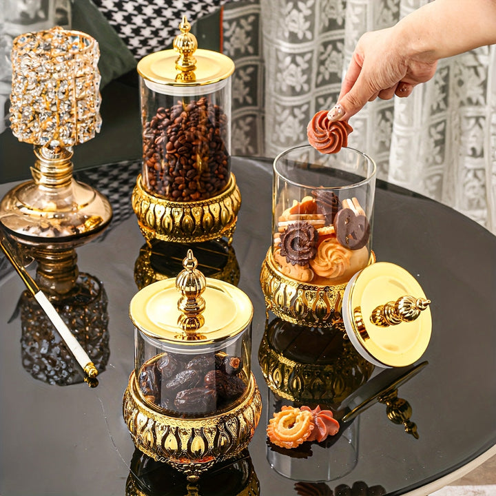 1pc Tarro de vidrio sellado hecho a mano con marco de acero inoxidable dorado, recipiente de almacenamiento de cocina para suministros de té, azúcar, caramelos, galletas, pan, ideal para bodas, regalo, cumpleaños, Navidad