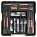 Caja de almacenamiento de cubiertos, organizador de cajones de utensilios de cocina expansible, adecuado para tenedores, cuchillos, soporte de cubiertos de plástico ajustable, división de almacenamiento, uso para todas las estaciones.