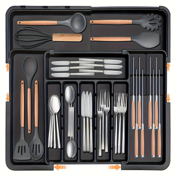Caja de almacenamiento de cubiertos, organizador de cajones de utensilios de cocina expansible, adecuado para tenedores, cuchillos, soporte de cubiertos de plástico ajustable, división de almacenamiento, uso para todas las estaciones.
