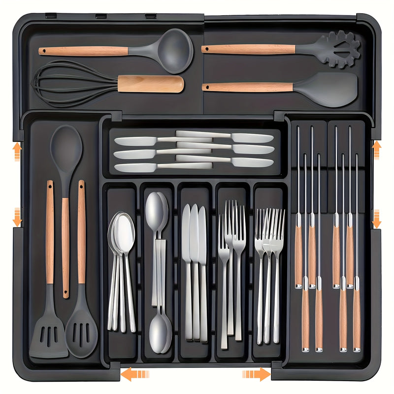 Caja de almacenamiento de cubiertos, organizador de cajones de utensilios de cocina expansible, adecuado para tenedores, cuchillos, soporte de cubiertos de plástico ajustable, división de almacenamiento, uso para todas las estaciones.