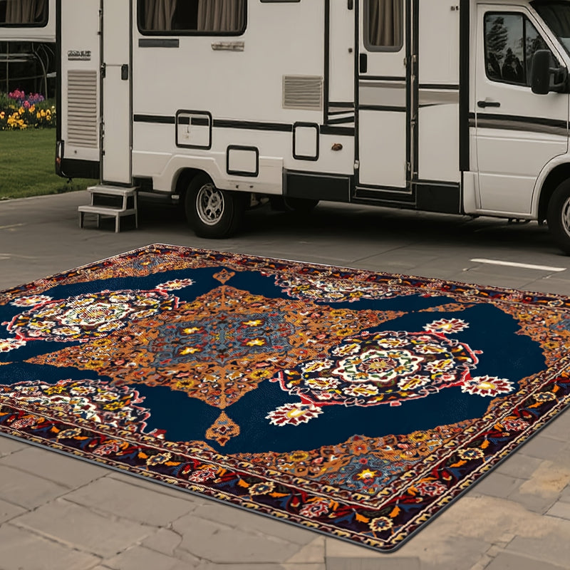 Alfombra Decorativa de Terciopelo Diamante Dorado + Base Antideslizante Plástica, Estampado 2D con Patrón Tradicional Exquisito, Estilo Clásico para Picnics, RVs, Balcones, Terrazas y Camping, Uso en Interiores y Exteriores, Varios Tamaños Disponibles