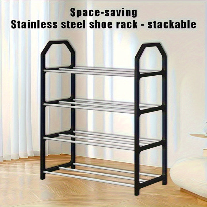 Estante de zapatos de 4 niveles que ahorra espacio - Resistente al polvo, organizador de metal y plástico, para entrada/salida, dormitorio, sala de estar, fácil de ensamblar, no requiere energía, solución de almacenamiento de zapatos | Estante de zapatos