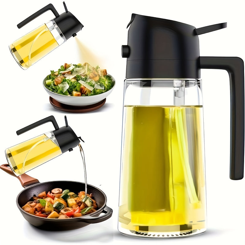 1pc Dispensador y Pulverizador de Aceite de Vidrio 2 en 1, 16oz/470ml, Forma Redonda, Libre de PVC, Lavable a Máquina, para Cocinar, Freidora de Aire, BBQ, Ensalada - Negro, Pulverizador de Aceite de Cocina | Botella de Vidrio Redonda | Mango de Agarre F