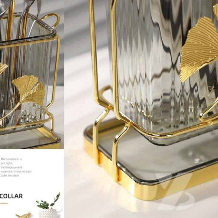 Soporte creativo para utensilios de cocina rectangular con bandeja de drenaje y diseño de hoja de ginkgo, organizador de cubiertos de doble compartimento, estante de soporte, material plástico