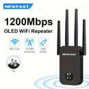 Repetidor Extenso de WiFi NEWFAST 1200Mbps, Modelo OLED 5G AC1200 con 4 Antenas, Amplificador de Largo Alcance, Enchufe Estadounidense, Compatible con 802.11ac, Repetidor Inalámbrico de Alta Potencia para Mejorar el Rango de la Red, Extensor de Wifi