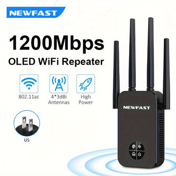 Repetidor Extenso de WiFi NEWFAST 1200Mbps, Modelo OLED 5G AC1200 con 4 Antenas, Amplificador de Largo Alcance, Enchufe Estadounidense, Compatible con 802.11ac, Repetidor Inalámbrico de Alta Potencia para Mejorar el Rango de la Red, Extensor de Wifi