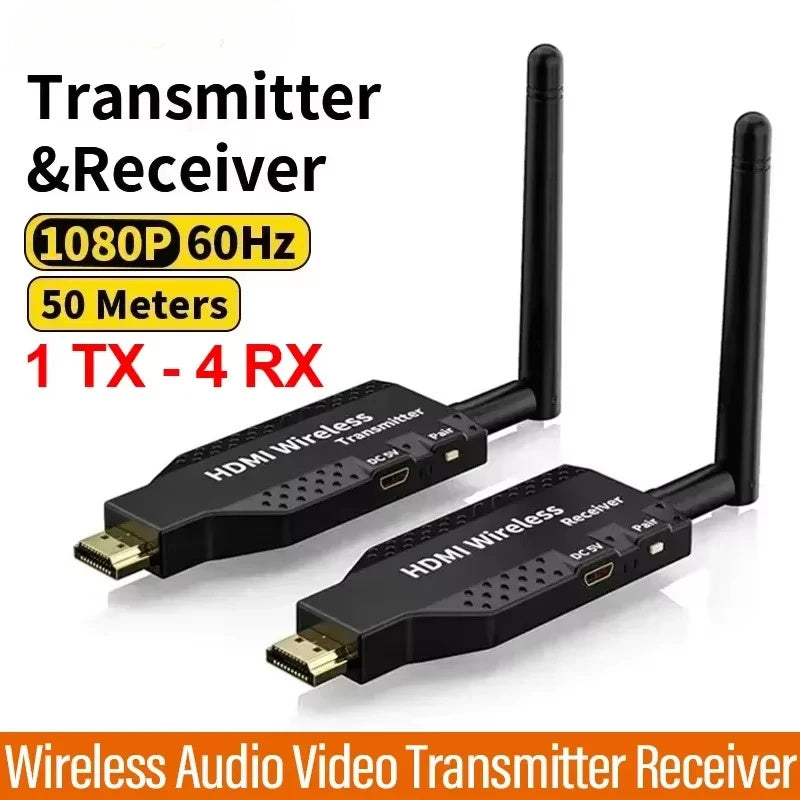 1080P 60Hz 50m HD Wireless Transmitter y Receiver 1 TX a 4 RX Adaptador de TV Stick Dongle Extensor Kit Plug & Play para Cámara, Portátil, PS4, Proyector, Monitor, Bajo Retardo con Antena, más estable.