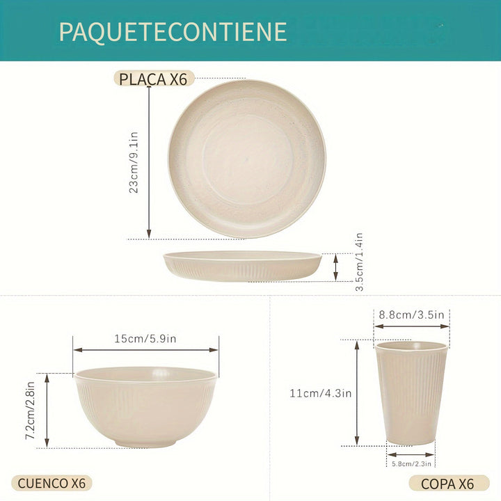 Juego de vajilla irrompible de 18 piezas, apto para lavavajillas y microondas, incluye platos, tazones y vasos, ideal para cocina, residencia estudiantil, camping, autocaravana y picnic