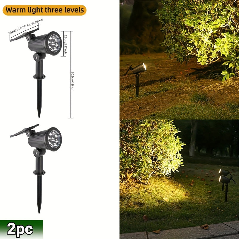 2 piezas de luces solares de 9 LED, IP65, impermeables, exteriores, RGB, solares, de paisaje, con brillo ajustable para jardines, patios, árboles, garajes, patios traseros, decoración de césped, farolas de calle, luces de foco.