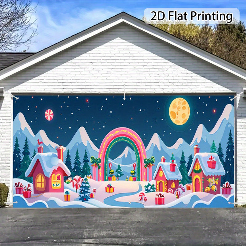 2D Banner de Puerta, 1 Pieza, Escena de Pueblo Navideño con Casas Cubiertas de Nieve, Casa de Jengibre y Cielo Lunar - Poliéster, Ideal para Decoraciones Navideñas, Bodas y Celebraciones de Jardín al Aire Libre, Decoraciones Navideñas