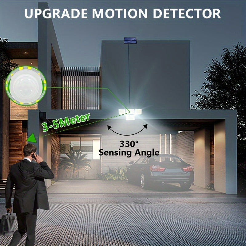 Luz Solar con Sensor de Movimiento y Control Remoto - 288 LED, Farola de Seguridad de 4 Cabezas, Ángulo Amplio de 300°, 3 Modos para Jardín, Patio, Camino, Garaje y Calle - Incluye Cable de 5.03 metros, Luces Solares de Movimiento para Exteriores