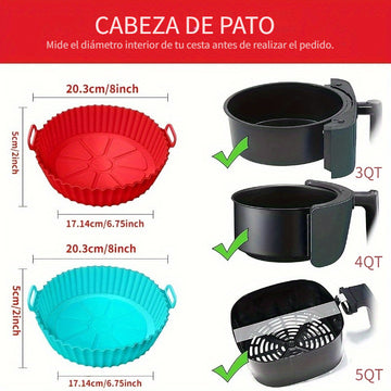 Una pieza de sartén de silicona para freidoras de aire, con un diseño plegable tridimensional. Esta bandeja redonda de silicona reutilizable de 8 pulgadas sirve como forro para hornear a alta temperatura.