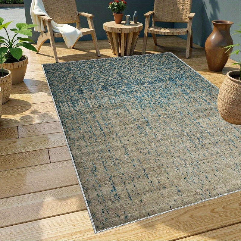 1 pieza de alfombrilla de área al aire libre estilo bohemio - Ligera, antideslizante, fácil de limpiar, alfombrilla de poliéster con patrones intrincados azules y beige para verano y otoño - Perfecta para campistas, muelles, balcones, patios, jardines tr