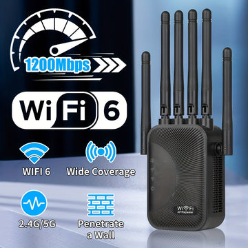 Extensor de WiFi Momoter - Amplificador de Señal con Puerto Ethernet, 6 Antenas (Cobertura 360°), Red Inalámbrica para Hogar/Oficina, Compatible con Smartphones, Tabletas y TVs Inteligentes, Enchufes US, Antenas Verticales, Electrónica de Alta Calidad