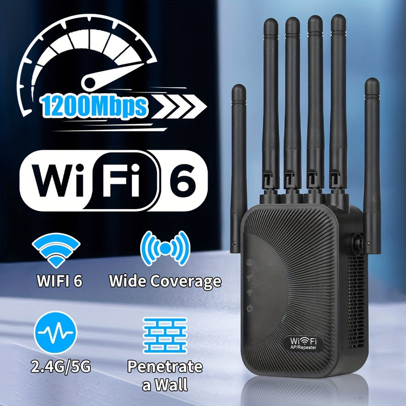 Extensor de WiFi Momoter - Amplificador de Señal con Puerto Ethernet, 6 Antenas (Cobertura 360°), Red Inalámbrica para Hogar/Oficina, Compatible con Smartphones, Tabletas y TVs Inteligentes, Enchufes US, Antenas Verticales, Electrónica de Alta Calidad