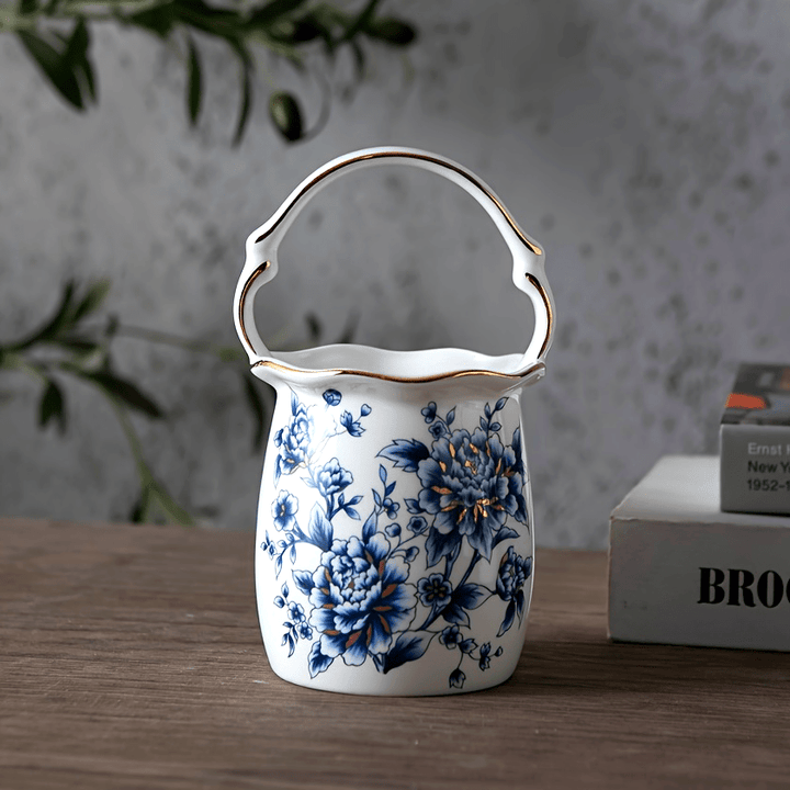 Tarros de almacenamiento de cubiertos de cerámica de estilo europeo-americano, diseño floral decorativo, altos recipientes de cocina de porcelana de hueso, con ribete dorado, para cubiertos, cucharas y organizador de palillos