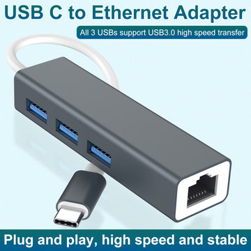 Adaptador USB C a Ethernet con concentrador USB 3.0 de 3 puertos, adaptador de red LAN Gigabit Ethernet RJ45 a USB-C/Thunderbolt 3 4 en 1, construcción de aleación de aluminio, compatible con MacBook Pro/Air, iPad Pro, Chromebook, XPS, Surface - Plug & P