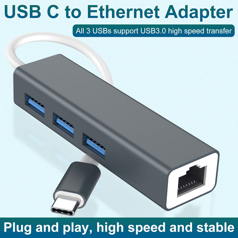 Adaptador USB C a Ethernet con concentrador USB 3.0 de 3 puertos, adaptador de red LAN Gigabit Ethernet RJ45 a USB-C/Thunderbolt 3 4 en 1, construcción de aleación de aluminio, compatible con MacBook Pro/Air, iPad Pro, Chromebook, XPS, Surface - Plug & P