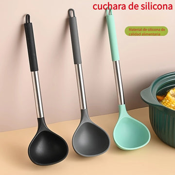 1 ud., cuchara grande de silicona, cuchara de silicona, mango de acero inoxidable para cuchara, cuchara grande, cuchara antiadherente para sartén, cuchara larga y resistente al calor para el hogar, cuchara de cocina