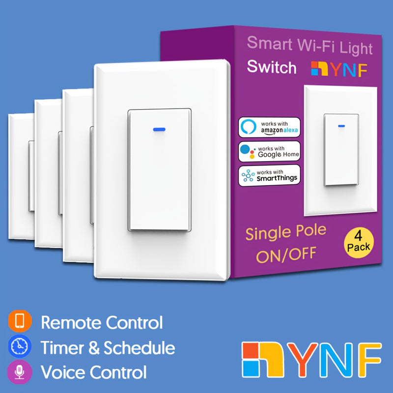 Interruptor de luz inteligente Wi-Fi YNF, control de voz, control remoto, temporizador y programación y control de grupo, compatible con Alexa y Google Home, 4 unidades