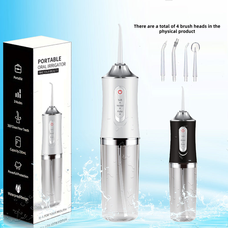 Hidrojet Portátil con 4 Cabezales de Cepillo Intercambiables, 3 Modos de Limpieza, Recargable por USB, Batería de 800mAh, Depósito de Agua Transparente, Panel de Control Digital, Diseño Impermeable para Viajes y Uso Doméstico