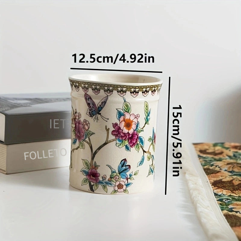 Juego de porta utensilios de cerámica de estilo europeo para cocina - Set decorativo de diseño floral para cubiertos, cuchillos, tenedores, cucharas y palillos organizadores