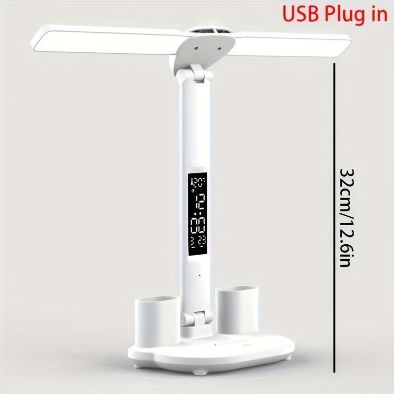 Soporte de bolígrafo de 3 en 1 con doble cabeza, lámpara USB, lámpara de escritorio, luz nocturna, luz de lectura para estudios, luz ambiental decorativa, uso con enchufe USB, control táctil de tres tonos, control de reloj con botón, adecuado para escrit