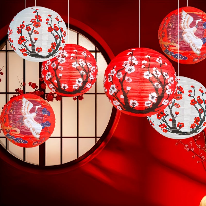 1pc/3pcs Linternas de papel chino de flor de cerezo y diseño de grulla, luces colgantes de patrón de cerezo japonés de 12 pulgadas, decoración de fiesta versátil para cumpleaños, inauguración de casa, confirmación - No necesita electricidad, sin plumas,