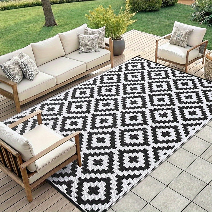 Alfombra Exterior de Poliéster 100% Premium - Patrón Geométrico y Blanco Duradero Lavable en Máquina para Interior/Exterior, Patio, Terraza, Camping, Entrada, Alfombras para Puerta Principal, Decoración de Patio