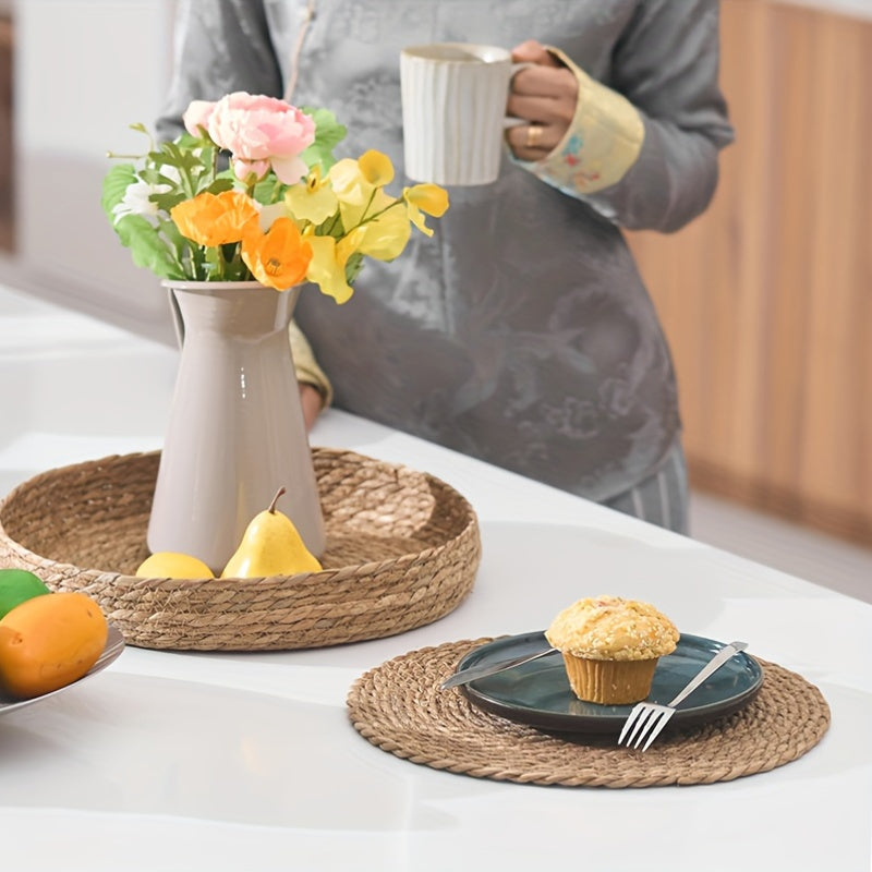 Conjunto de 4 posavasos tejidos a mano con soporte - 30 cm/11,8 pulgadas, material natural, adecuado para Navidad, Halloween, Pascua, Hanukkah, Acción de Gracias y más - Perfecto para la decoración del hogar y bodas
