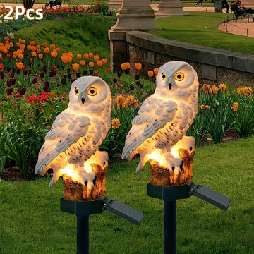 2 Piezas Lámpara de Resina con Sensor Solar IP44 para Jardín, Decoración Exterior, Inserción en Césped, Luz de Búho
