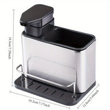1 pieza, dispensador de jabón para fregadero de cocina de acero inoxidable con soporte para esponja, bandeja organizadora 3 en 1 para líquido de lavado de platos y esponjas, soporte de drenaje, almacenamiento de encimera para cepillos de limpieza y platos