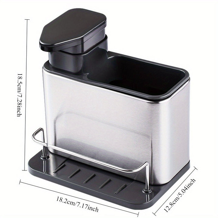 1 pieza, dispensador de jabón para fregadero de cocina de acero inoxidable con soporte para esponja, bandeja organizadora 3 en 1 para líquido de lavado de platos y esponjas, soporte de drenaje, almacenamiento de encimera para cepillos de limpieza y platos