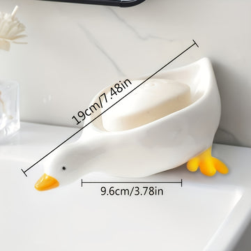 Juego de 1 portajabón con forma de pato y sistema de drenaje automático, bandeja ovalada, blanco con detalles amarillos, accesorio multifuncional para baño, mantiene el jabón seco y limpio, soporte para jabón en barra