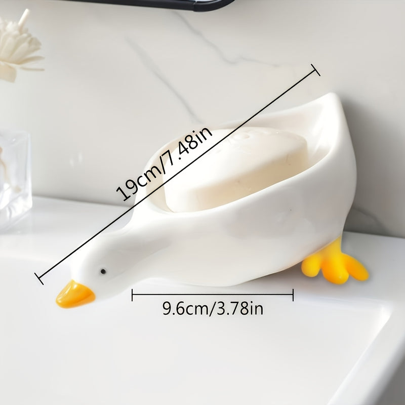 Juego de 1 portajabón con forma de pato y sistema de drenaje automático, bandeja ovalada, blanco con detalles amarillos, accesorio multifuncional para baño, mantiene el jabón seco y limpio, soporte para jabón en barra