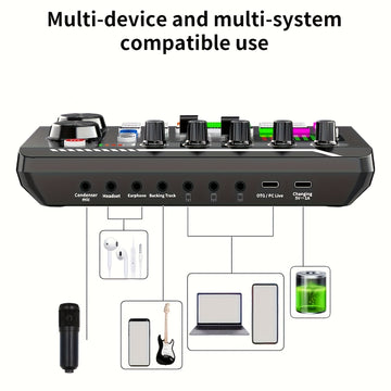 La tarjeta de sonido en vivo profesional F998 cuenta con un cambiador de voz y efectos de mezcla de DJ. Es recargable por USB y puede producir más de cuatro modificaciones únicas de sonido. Con un conector de 3,5 mm, es ideal para grabaciones de computad