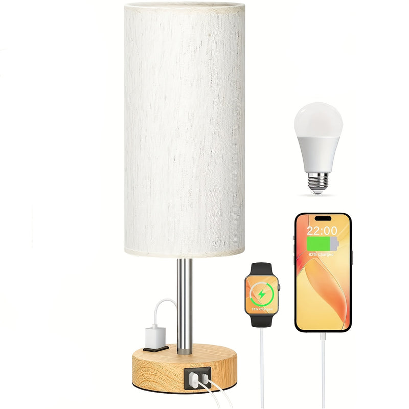 Conjunto de 1/2 Piezas de Lámpara de Noche Moderna con Control Táctil - Regulable en 3 Niveles, Puertos USB y Enchufe de CA, Base de Madera con Pantalla de Lino para Mesita de Noche, Escritorio, Oficina, Dormitorio (Bombilla LED Incluida), Lámparas de Me