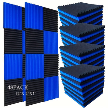 48 piezas de paneles acústicos de espuma en forma de cuña, 30 cm x 30 cm x 2.5 cm, 24 negros + 24 azules, para estudio de grabación, aislamiento de sonido