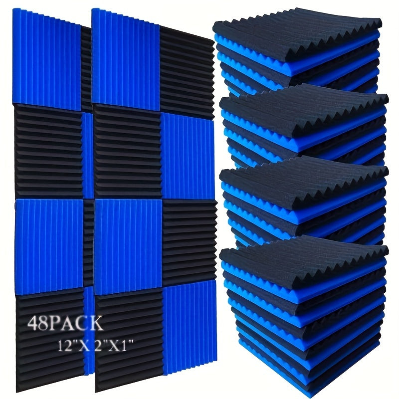 48 piezas de paneles acústicos de espuma en forma de cuña, 30 cm x 30 cm x 2.5 cm, 24 negros + 24 azules, para estudio de grabación, aislamiento de sonido